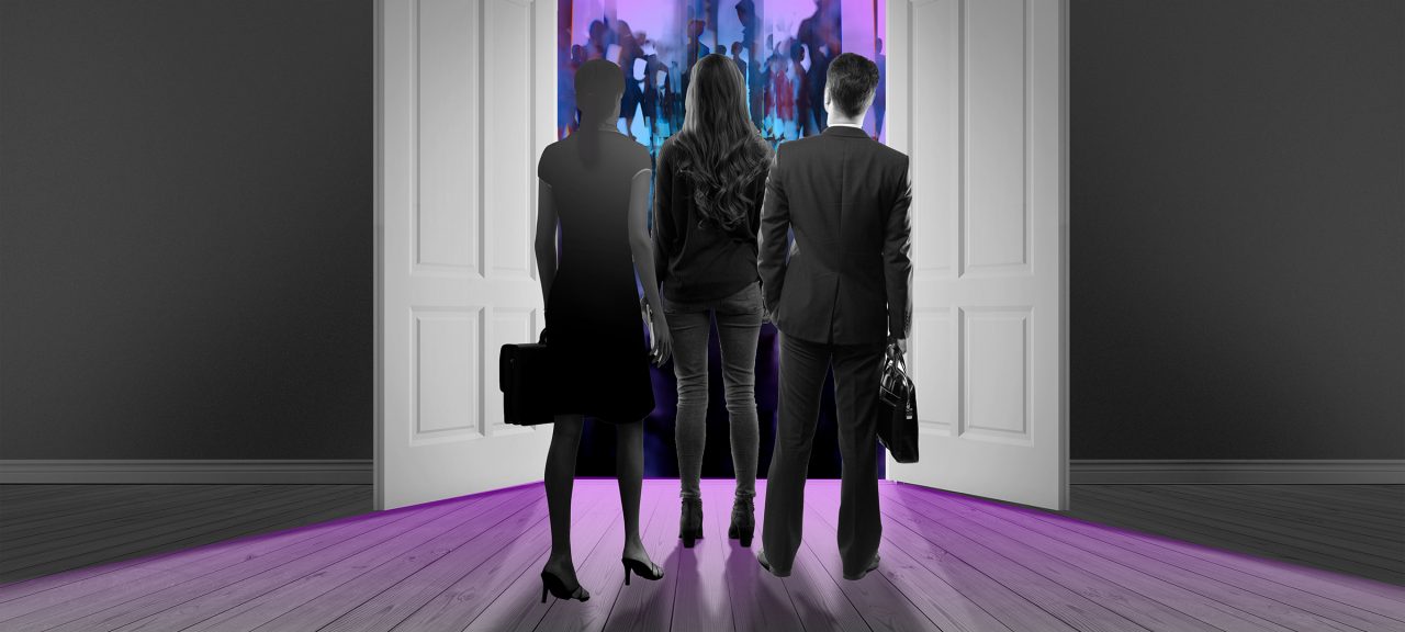 The next generation of workplace advocacy is personified by three professionals entering a vibrantly colored room. 