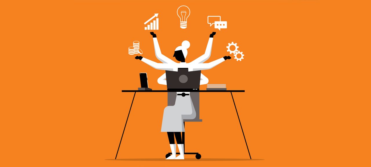 women at a desk with extra arms