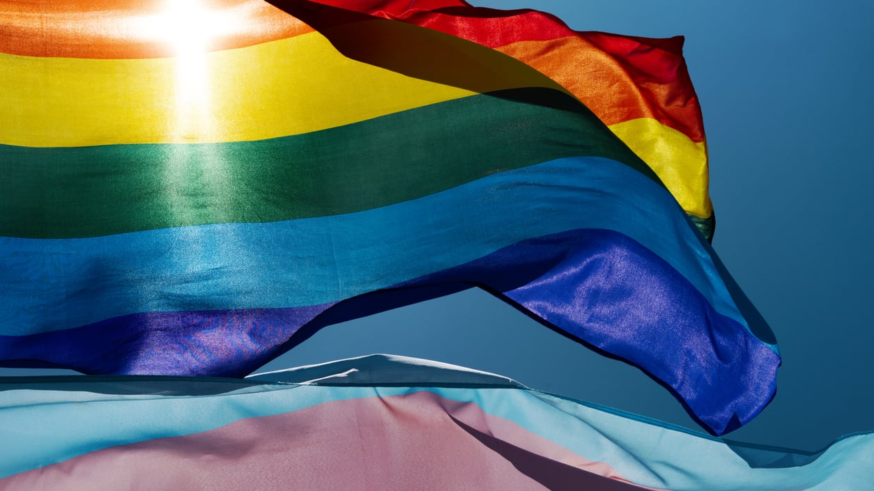 A rainbow flag waving in the wind.