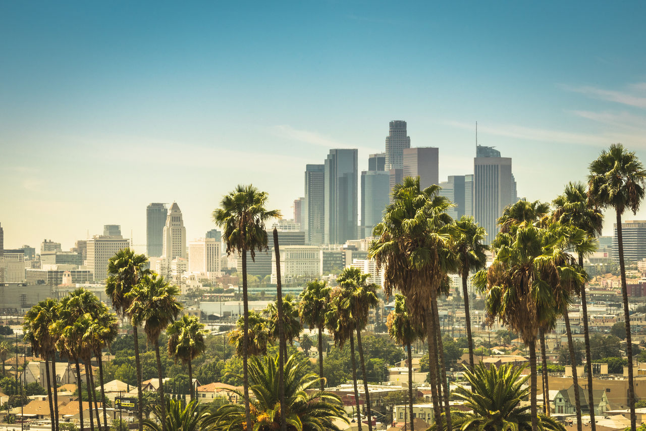 Aerial view of the business district in Downtown of Los Angeles in background from  Lincoln Heights neighborhood.