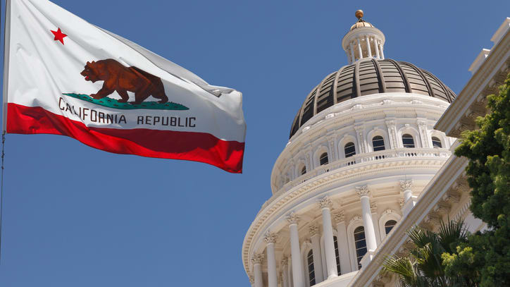 A california flag flies in front of the capitol building.