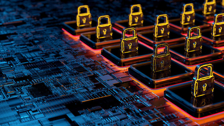 A group of electronic locks on a circuit board.