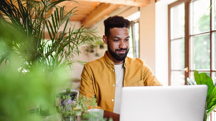 A man sitting at a table with a laptop in front of a potted plant.