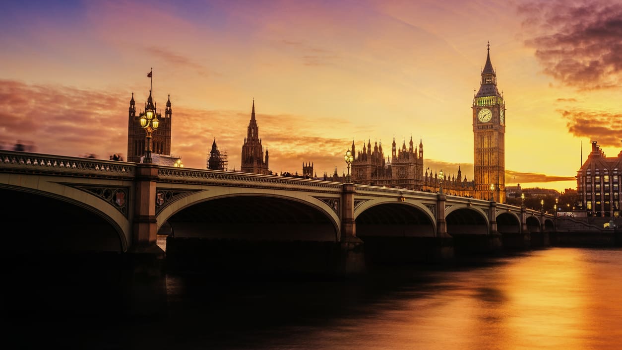 Big ben at sunset in london, england.