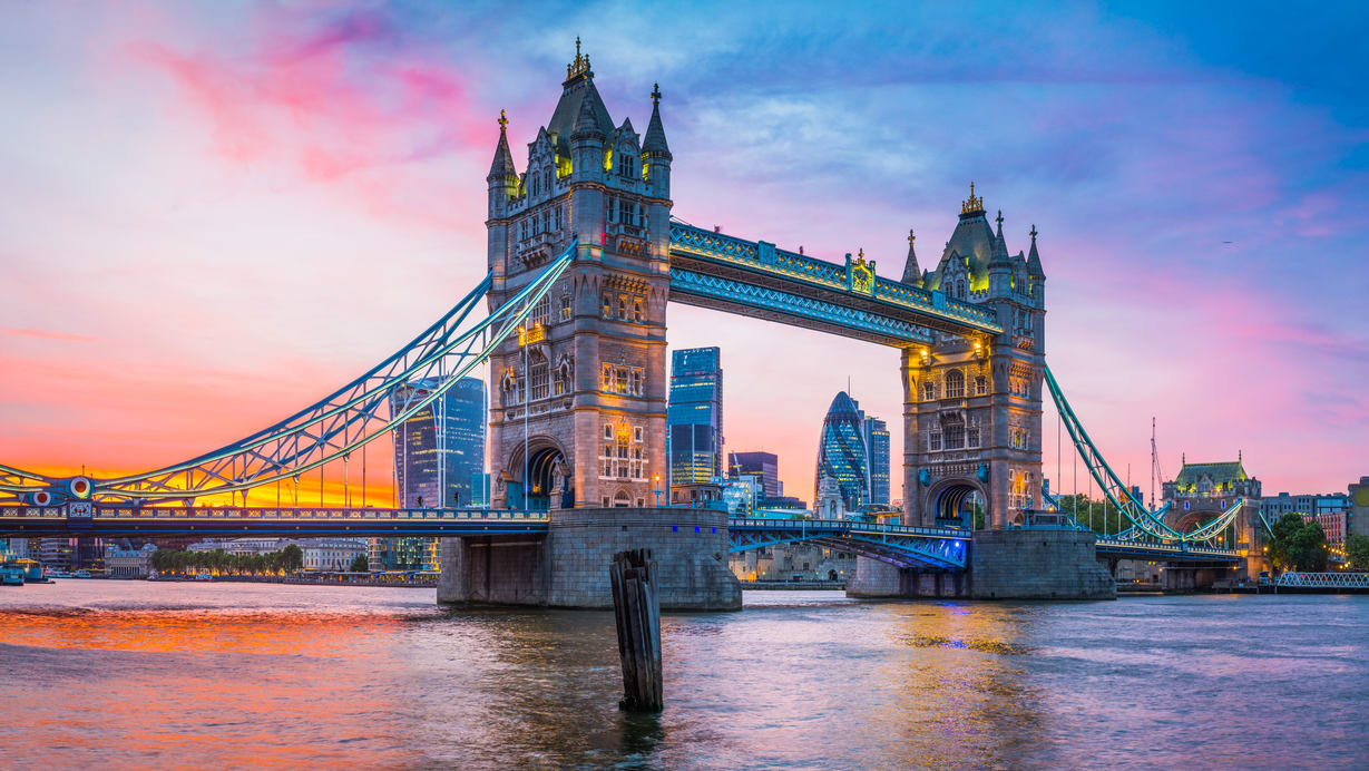 Tower bridge at sunset in london, england.