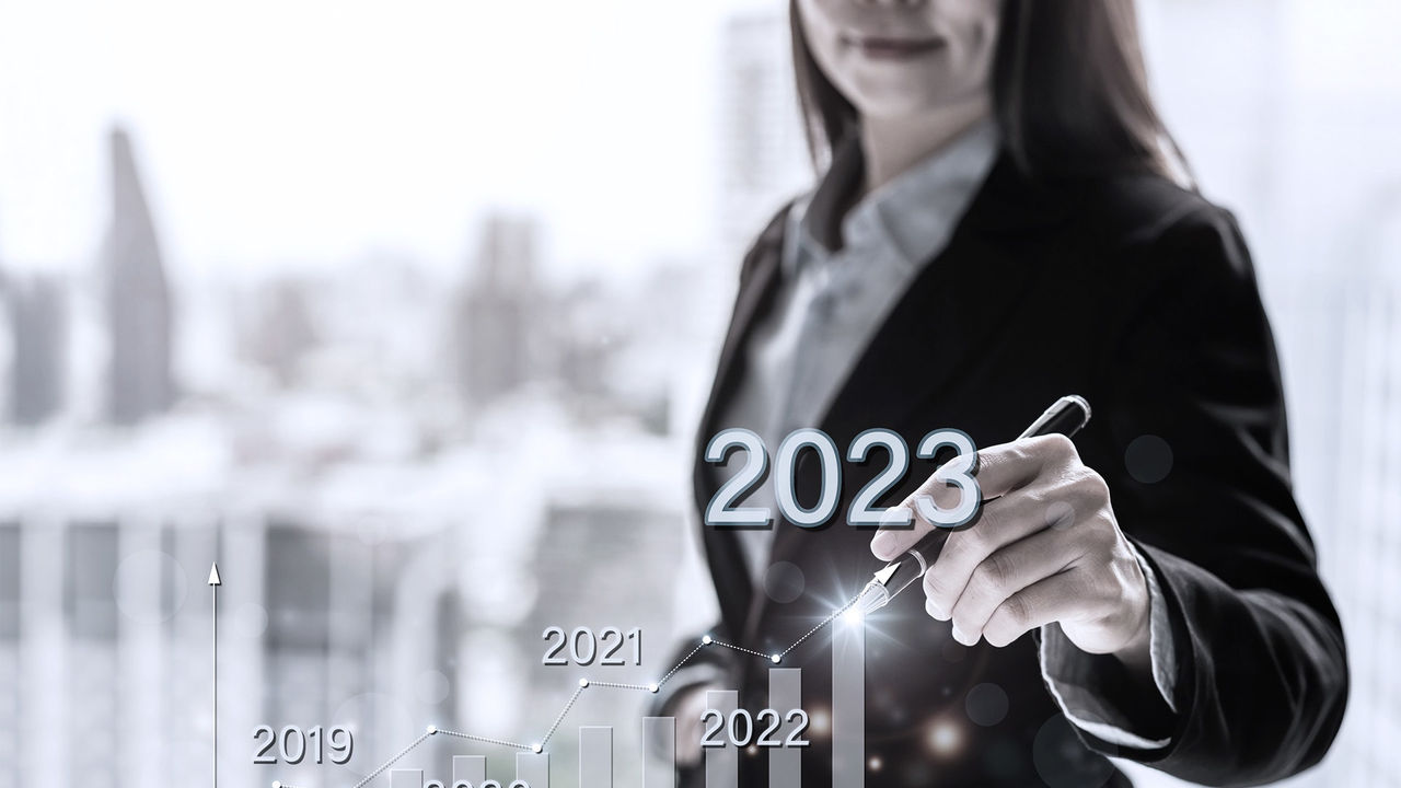 A business woman is pointing at a graph with the word 2020.
