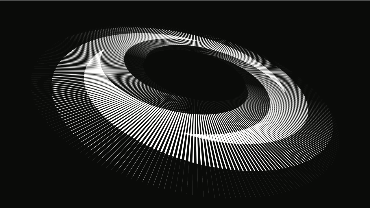 A black and white spiral on a black background.