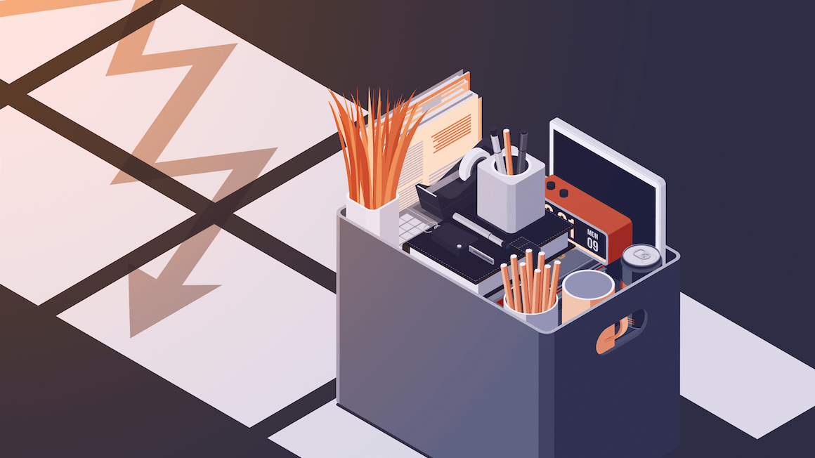An isometric illustration of a desk with pens, pencils, and other items.