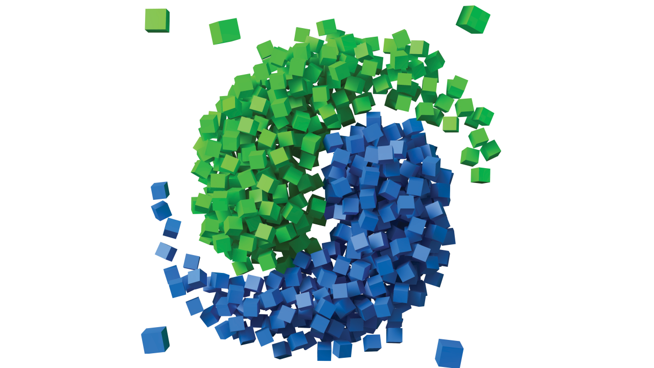 A blue and green cube is surrounded by green and blue cubes.