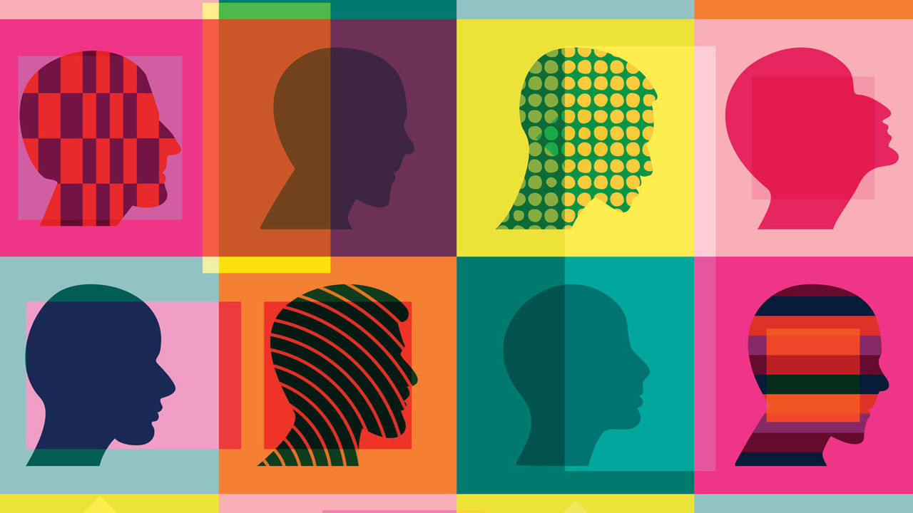 Silhouettes of people in different colors on a colorful background.