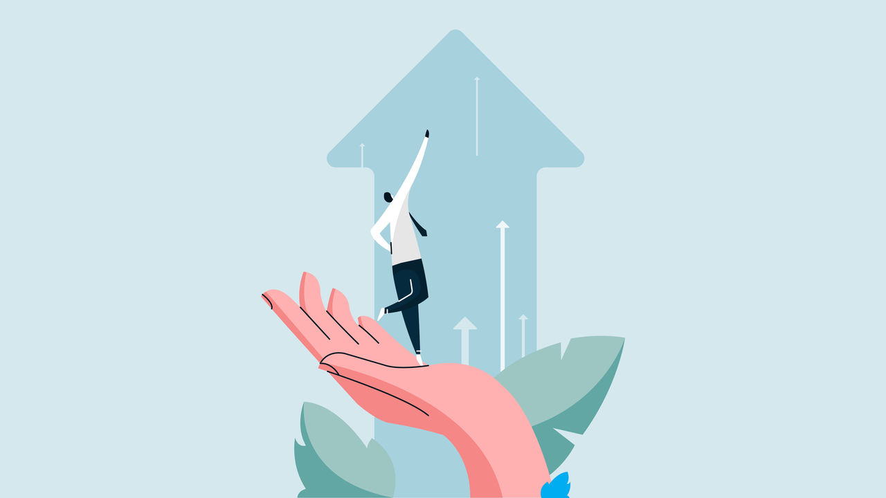 image of hand and small person and arrow