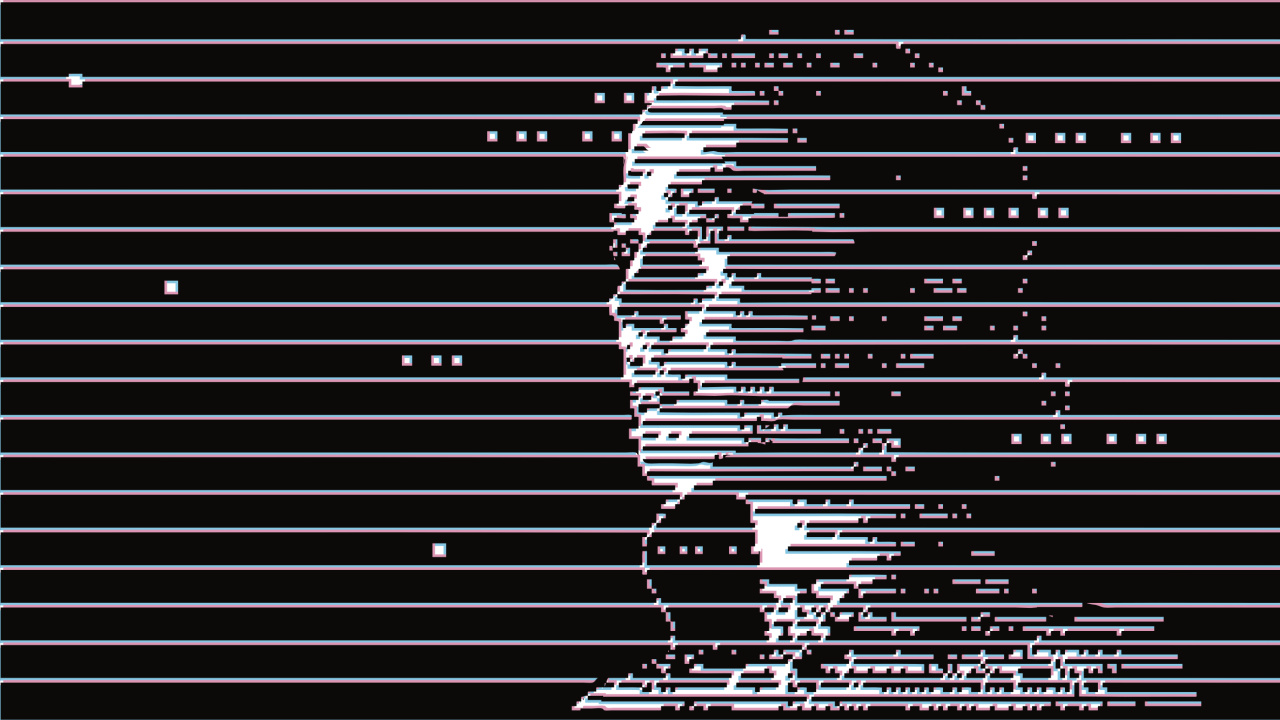 A black and white pixelated image of a man's face.