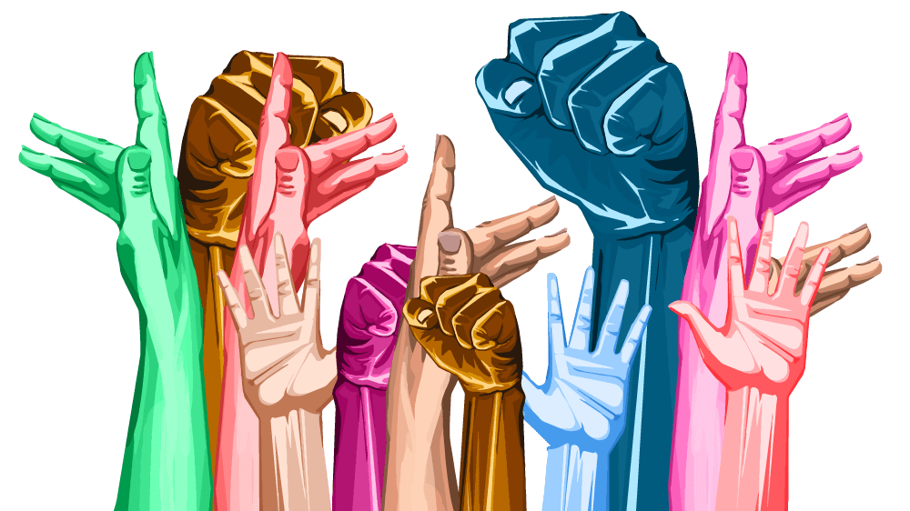 A group of colorful hands raising their fists.
