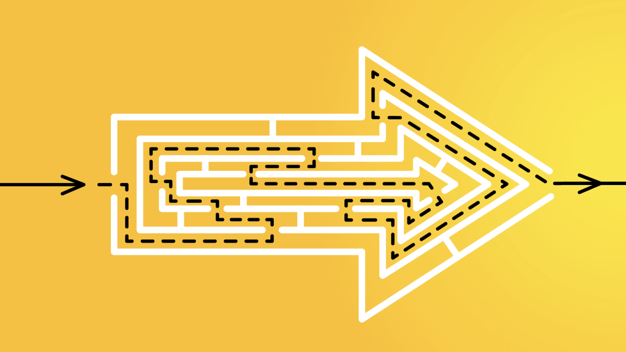 An arrow pointing to a maze on a yellow background.