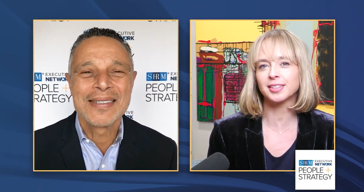 Johnny C. Taylor, on the left, in conversation with Jessica Kriegel on the right.