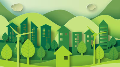 Illustration of a green cityscape with a variety of buildings, including homes and skyscrapers, integrated with green spaces, trees, and wind turbines, under a light blue sky with fluffy clouds, representing an eco-friendly urban environment.