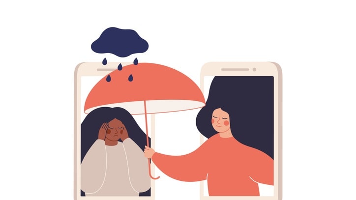 A woman is holding an umbrella and a man is holding a phone.
