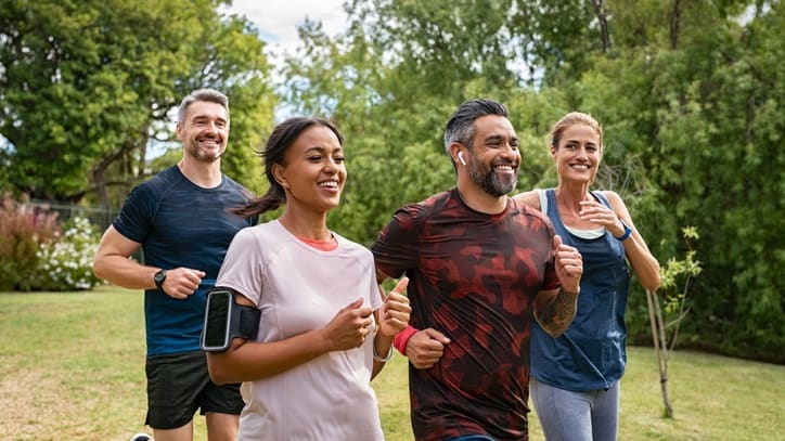 A group of people jogging in a park.