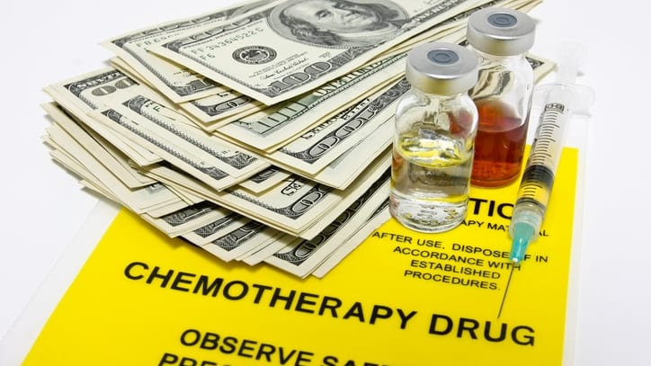 Chemotherapy drug and money on top of a syringe.