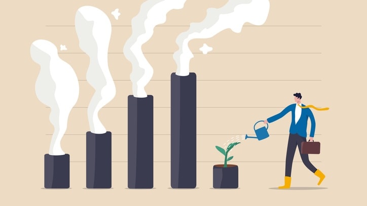 Graphic of smokestacks as bars in a graph with one smokestack containing a plant that a man is watering