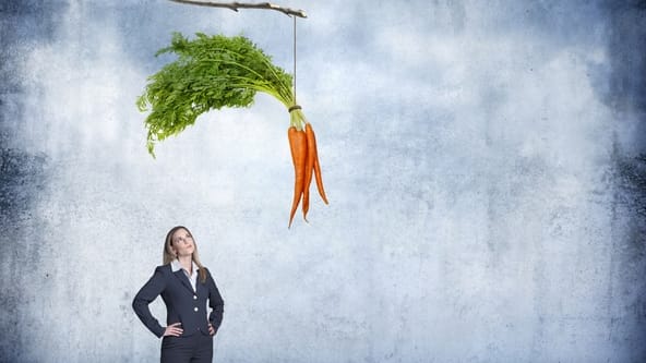 A businesswoman is standing next to a carrot hanging from a branch.