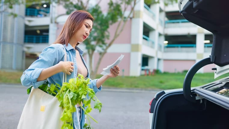 A woman is holding a bag of vegetables in front of her car.