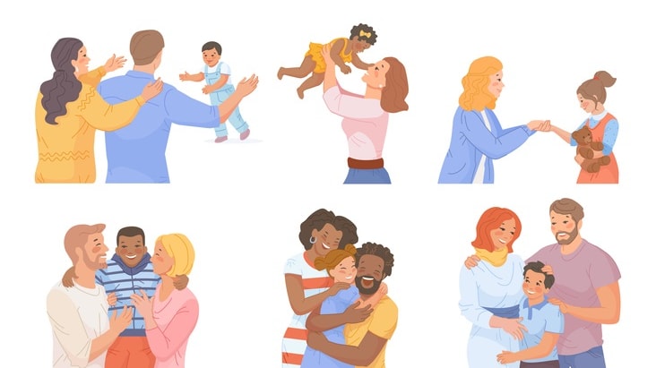 A set of illustrations of a family hugging each other.
