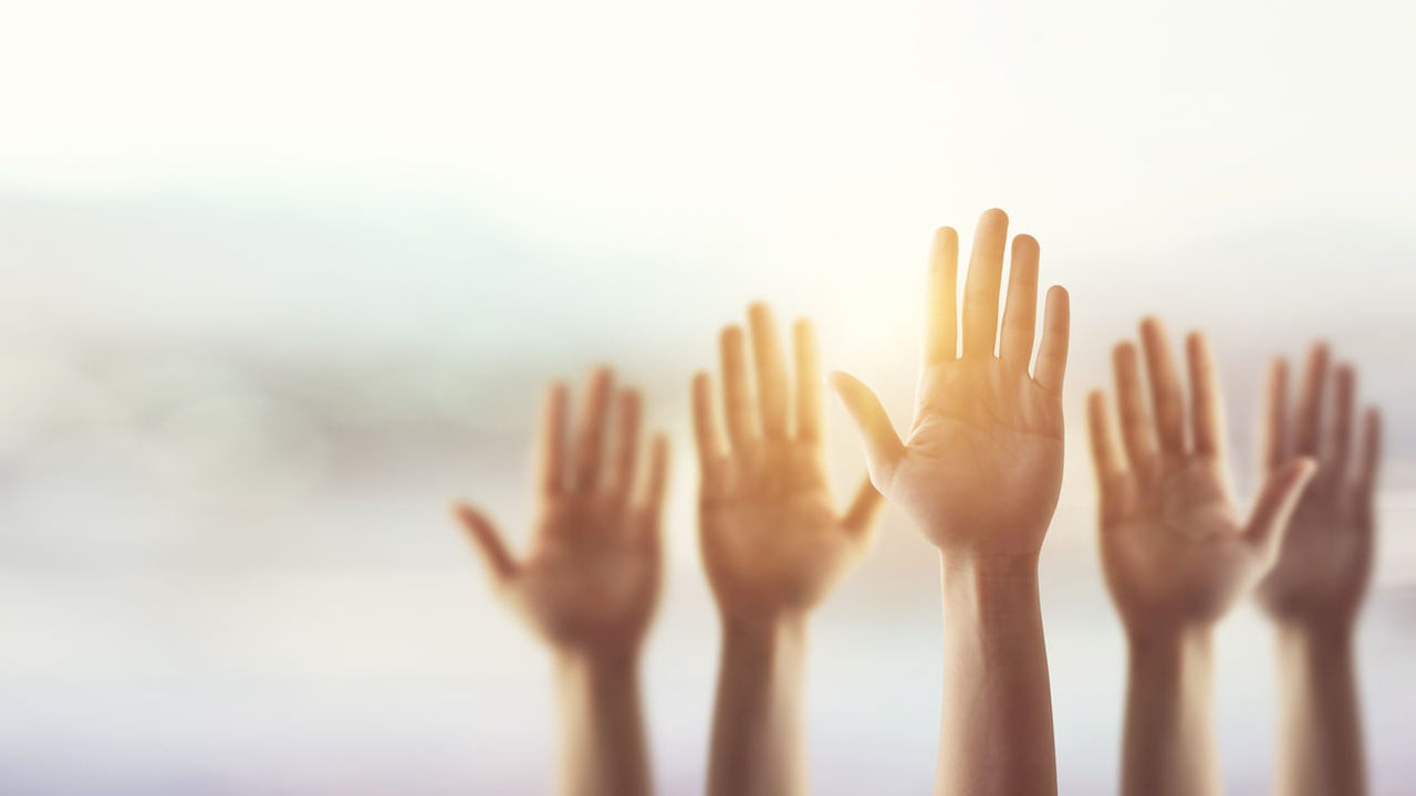 A group of people raising their hands up to the sun.