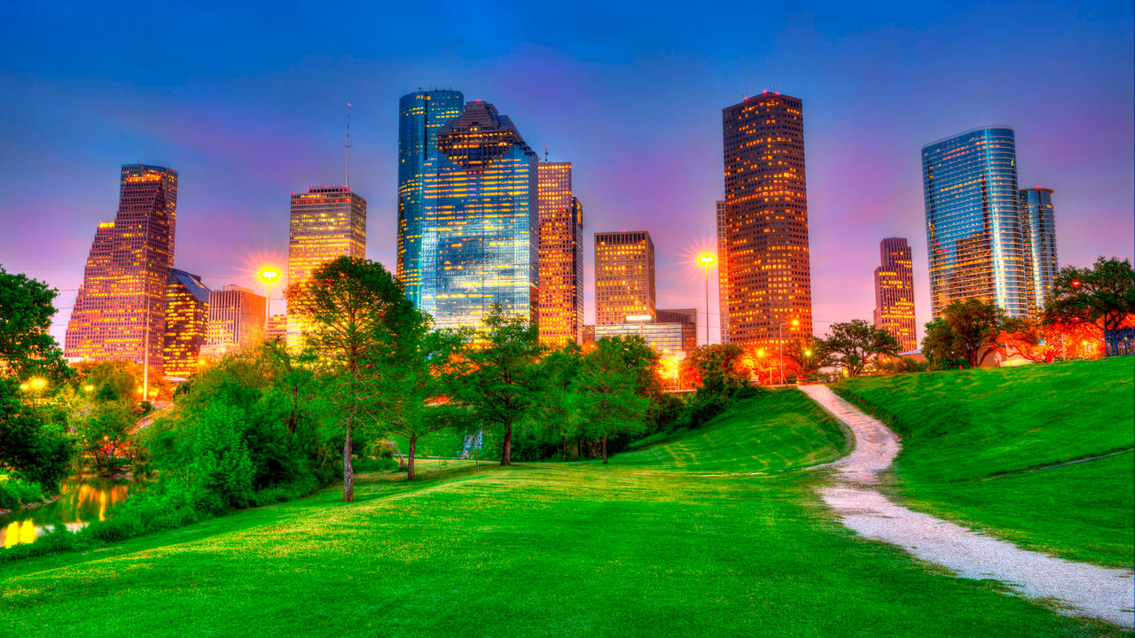Houston, texas city skyline at dusk.