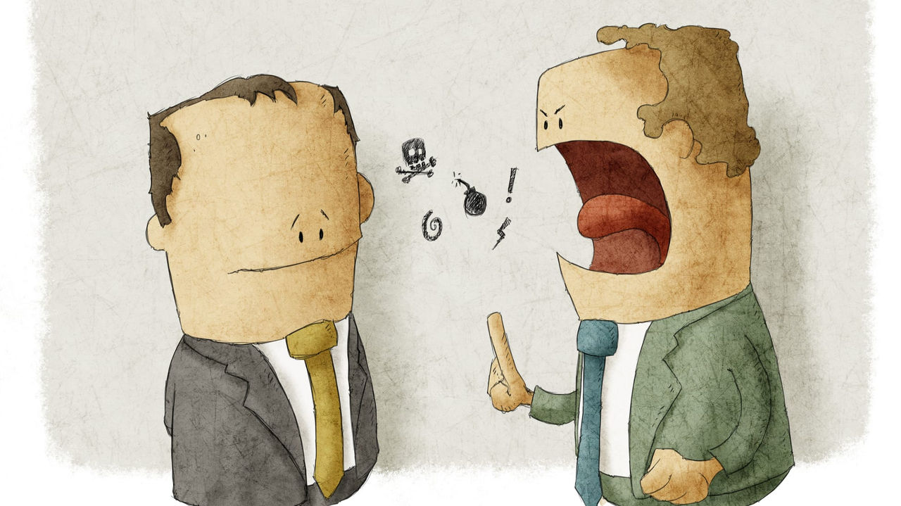 A cartoon illustration of a man shouting at another man.