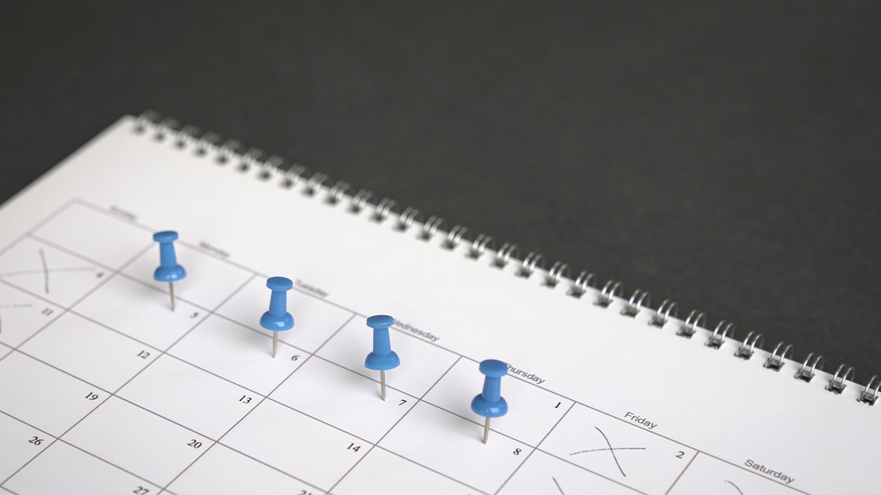 A calendar with blue pins on it.