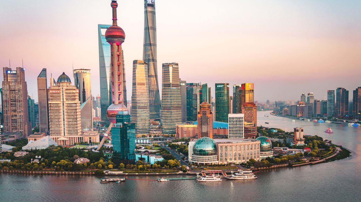 The skyline of shanghai at sunset.