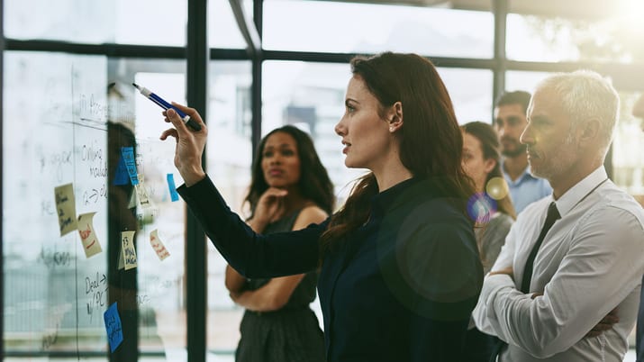 A group of business people standing in front of a board with sticky notes on it.