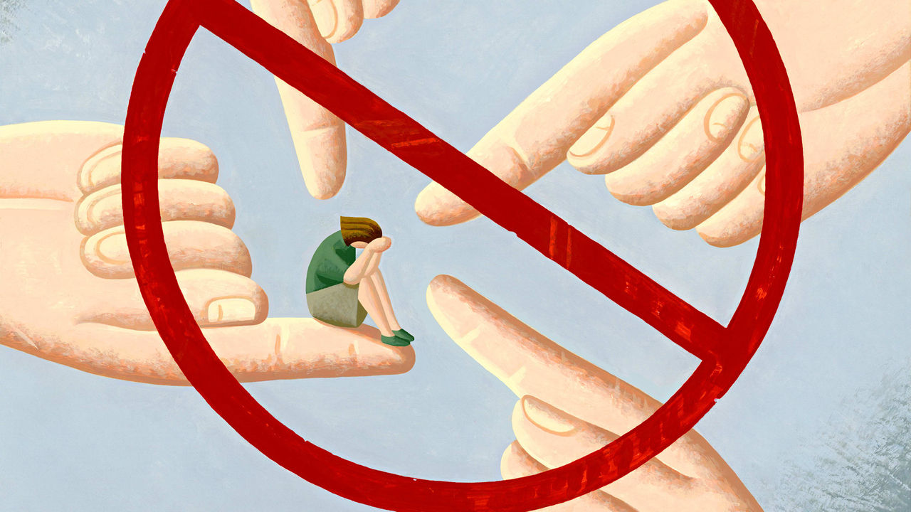 An illustration of a man sitting on a hand with a no allowed sign.