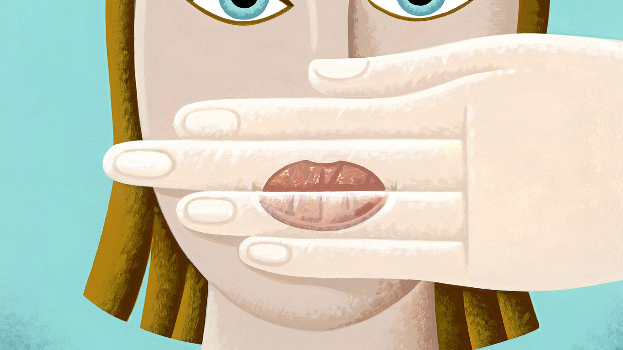An illustration of a woman covering her mouth with her hand.
