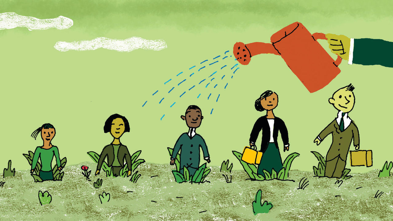 A cartoon illustration of a group of people watering plants.