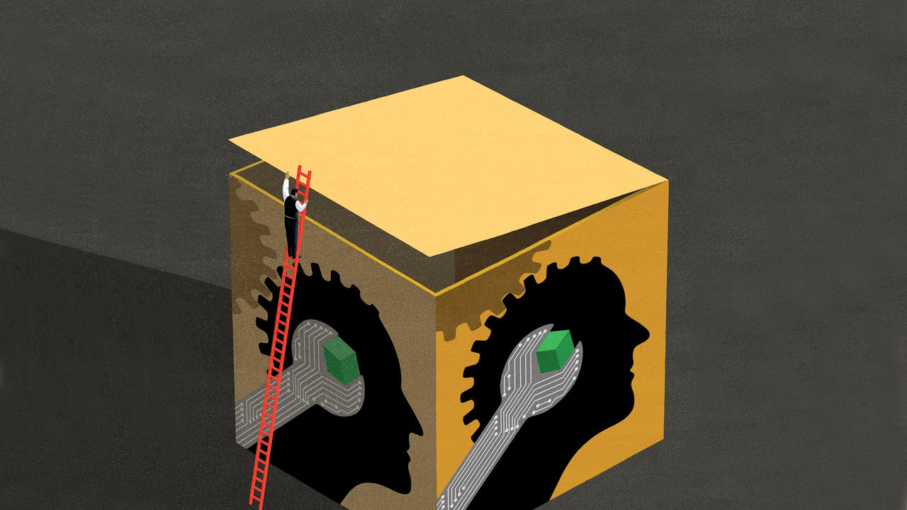 An illustration of a box with a man's head in it.