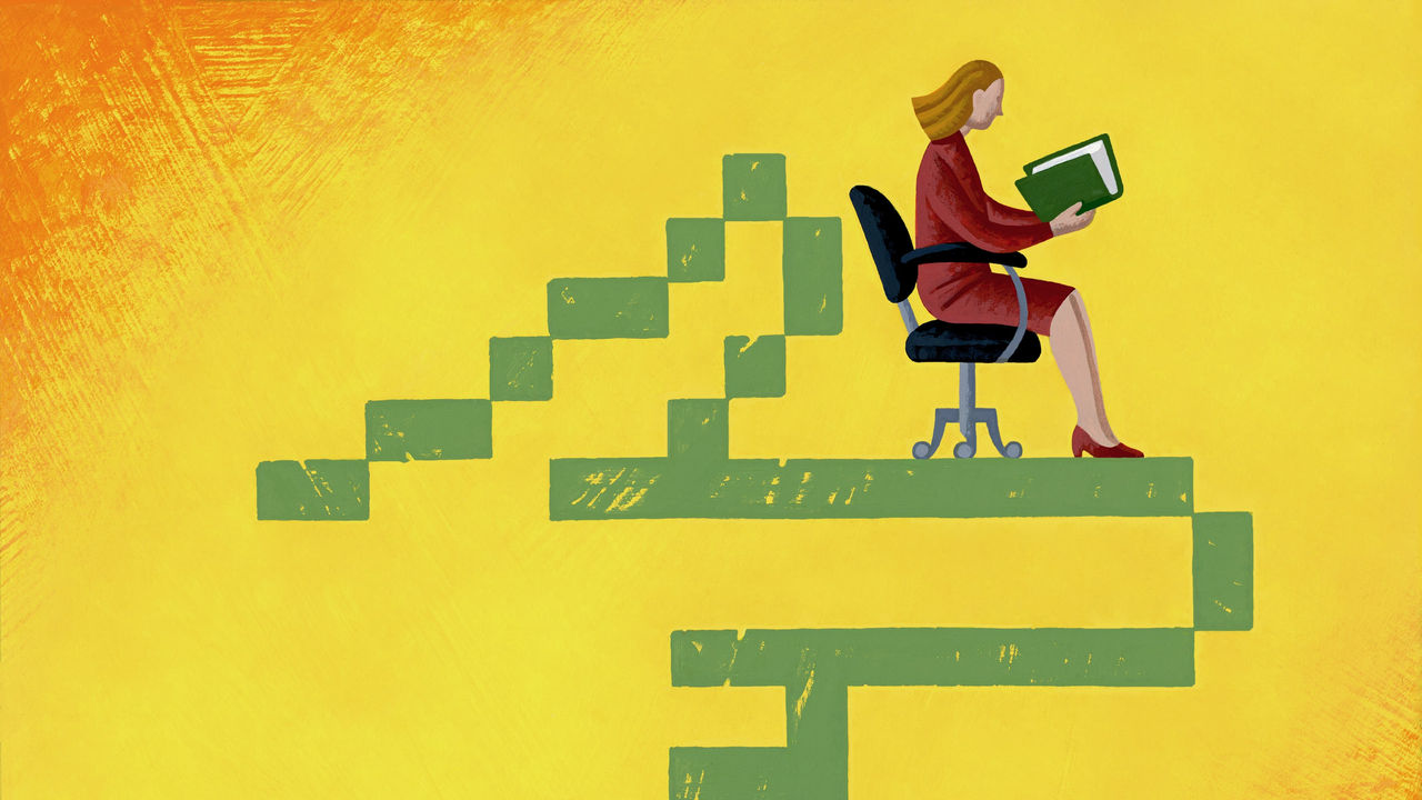 An illustration of a woman sitting on a chair and reading a book.