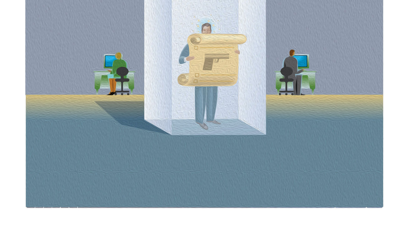 An illustration of a man holding a box in front of a desk.