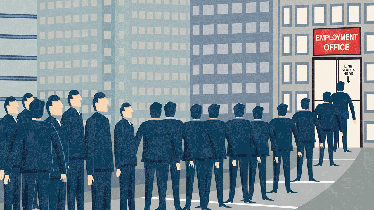 An illustration of a group of people standing in front of a building.