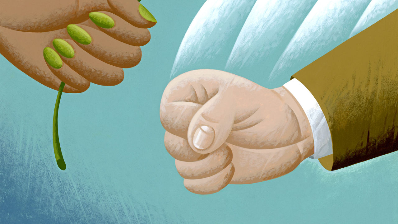 An illustration of a hand giving a leaf to another person.