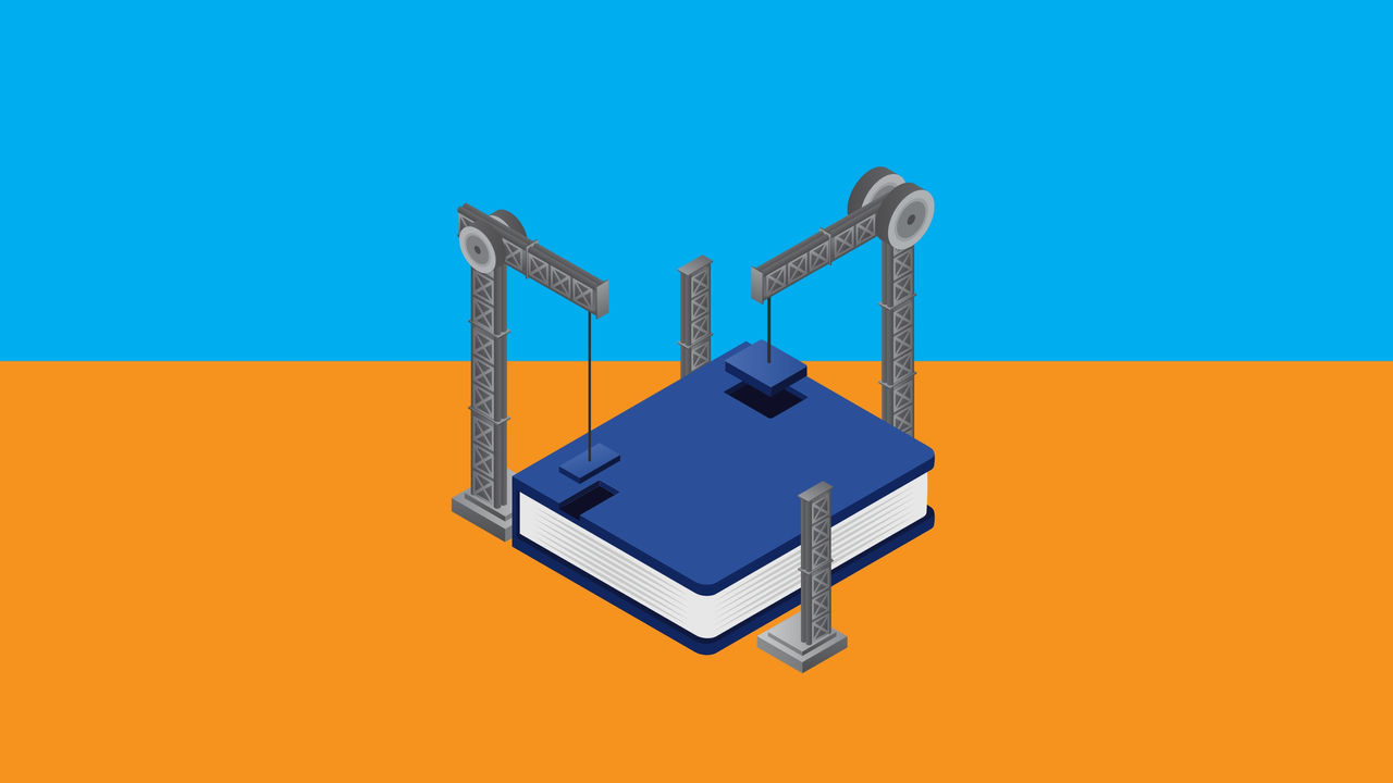 Isometric illustration of a book on a blue and orange background.