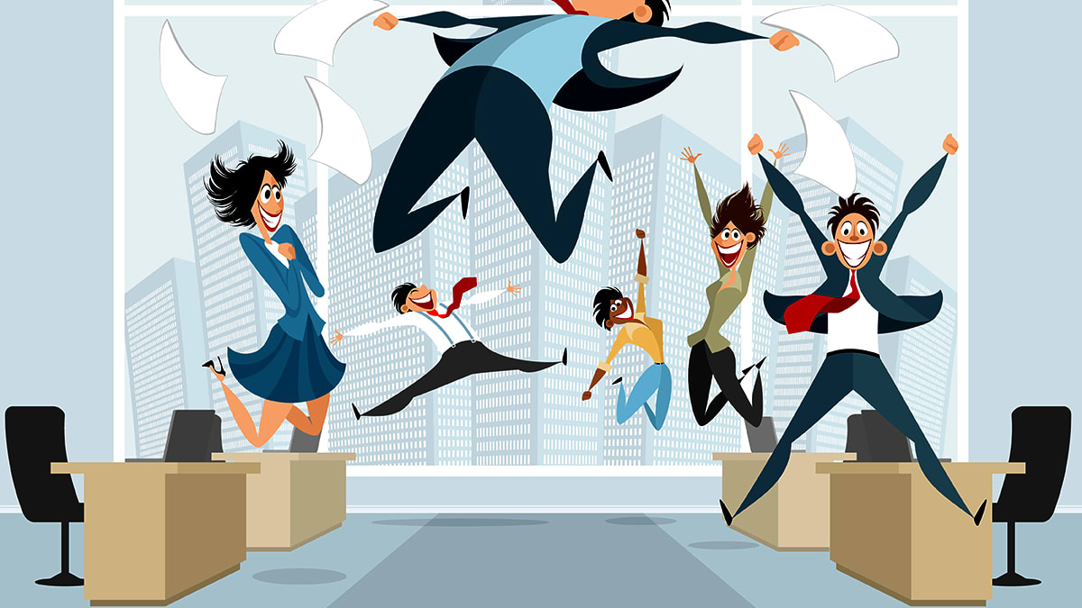 A group of business people jumping in the office.