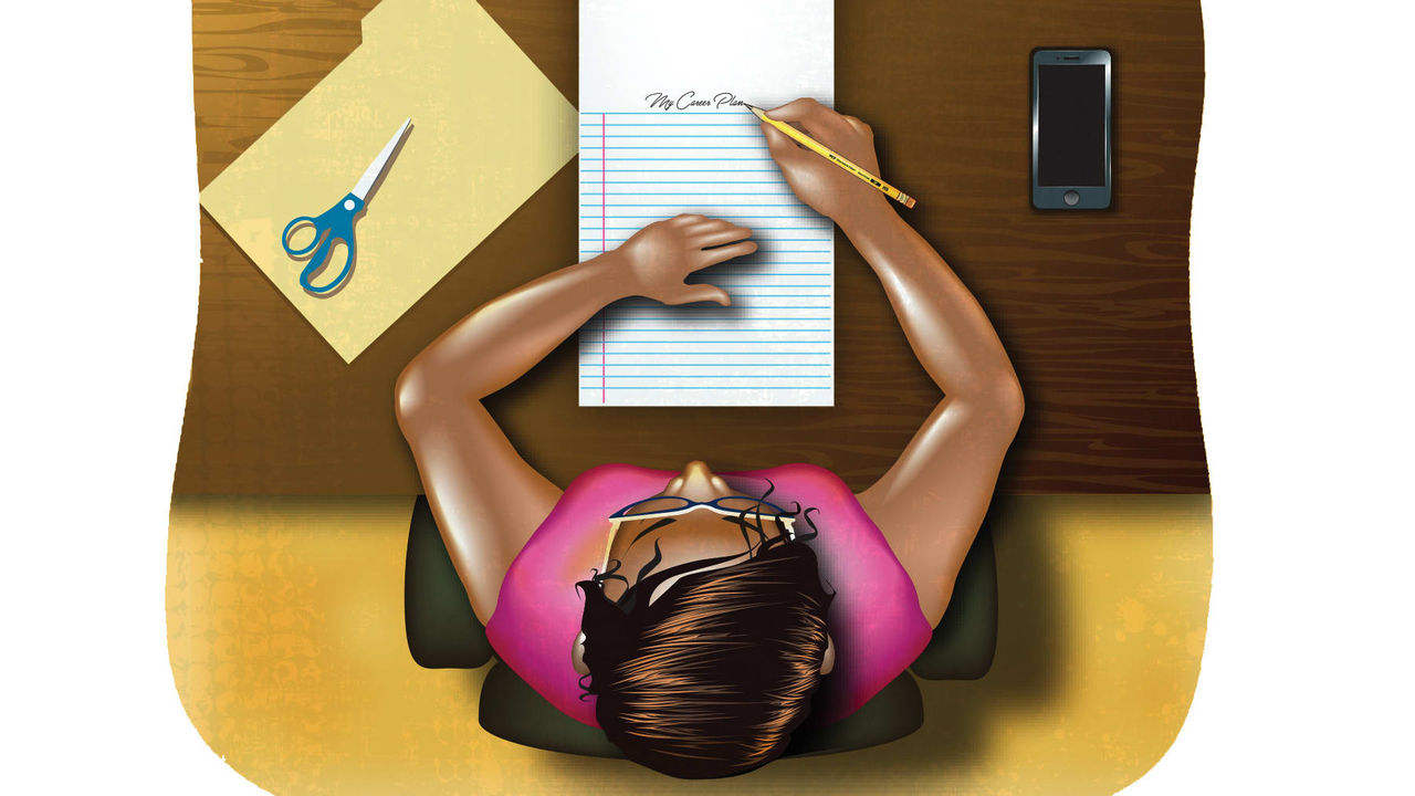 An illustration of a woman writing at a desk with arrows pointing up.