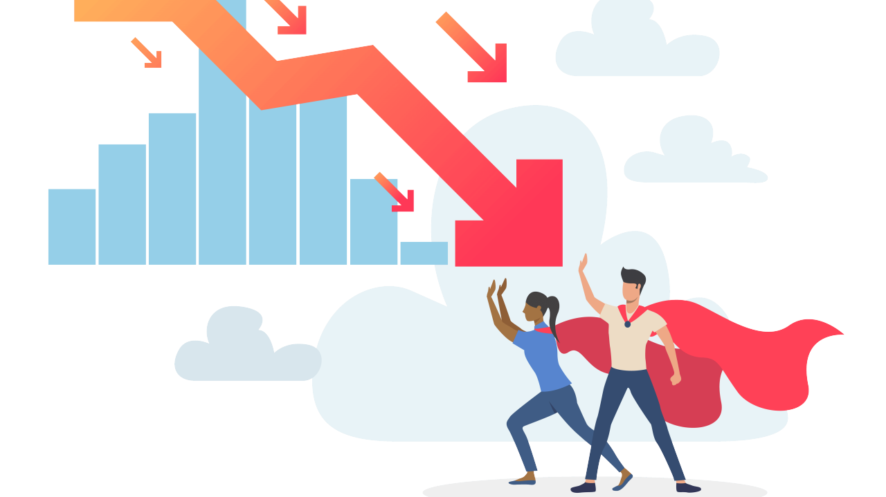 A man with a cape and a graph showing a growth chart.