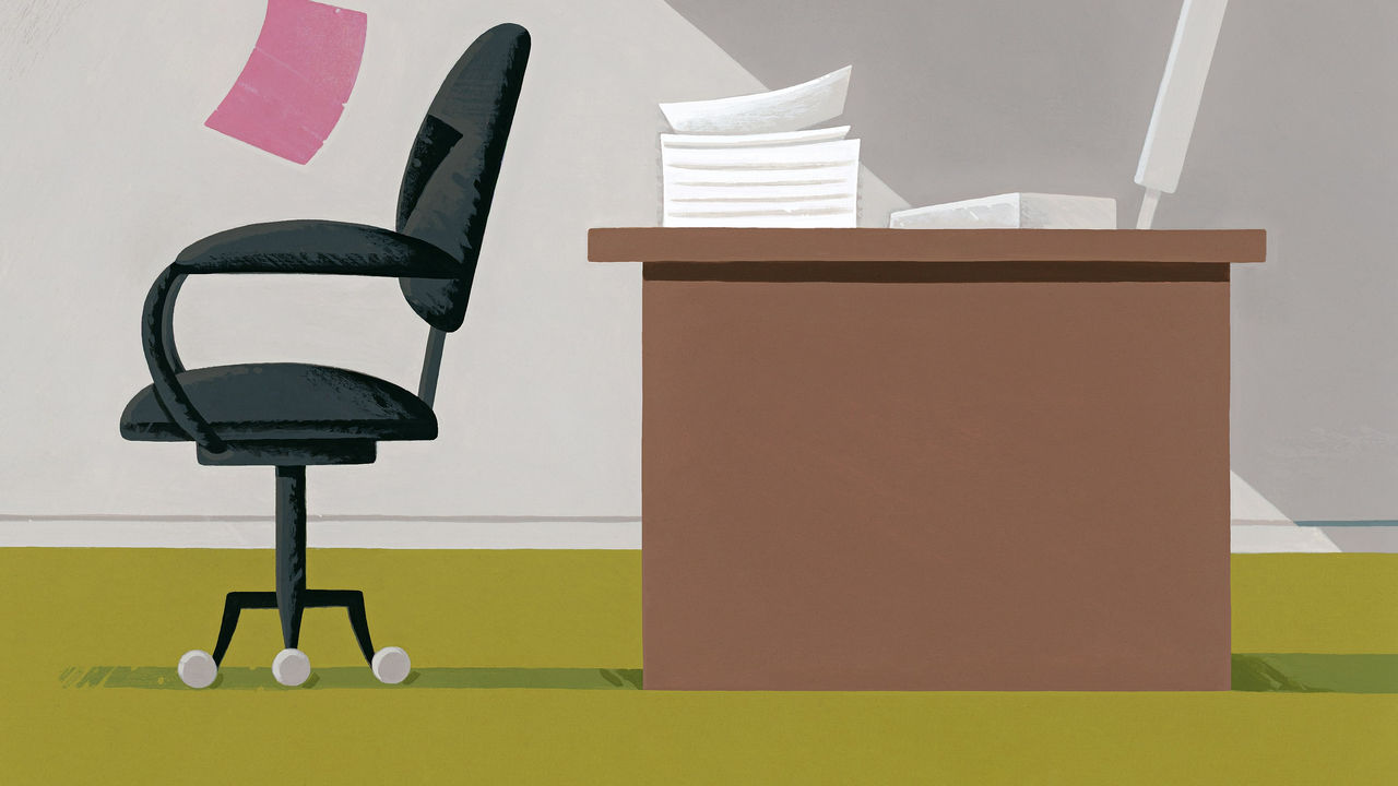 An illustration of an office chair and a desk.
