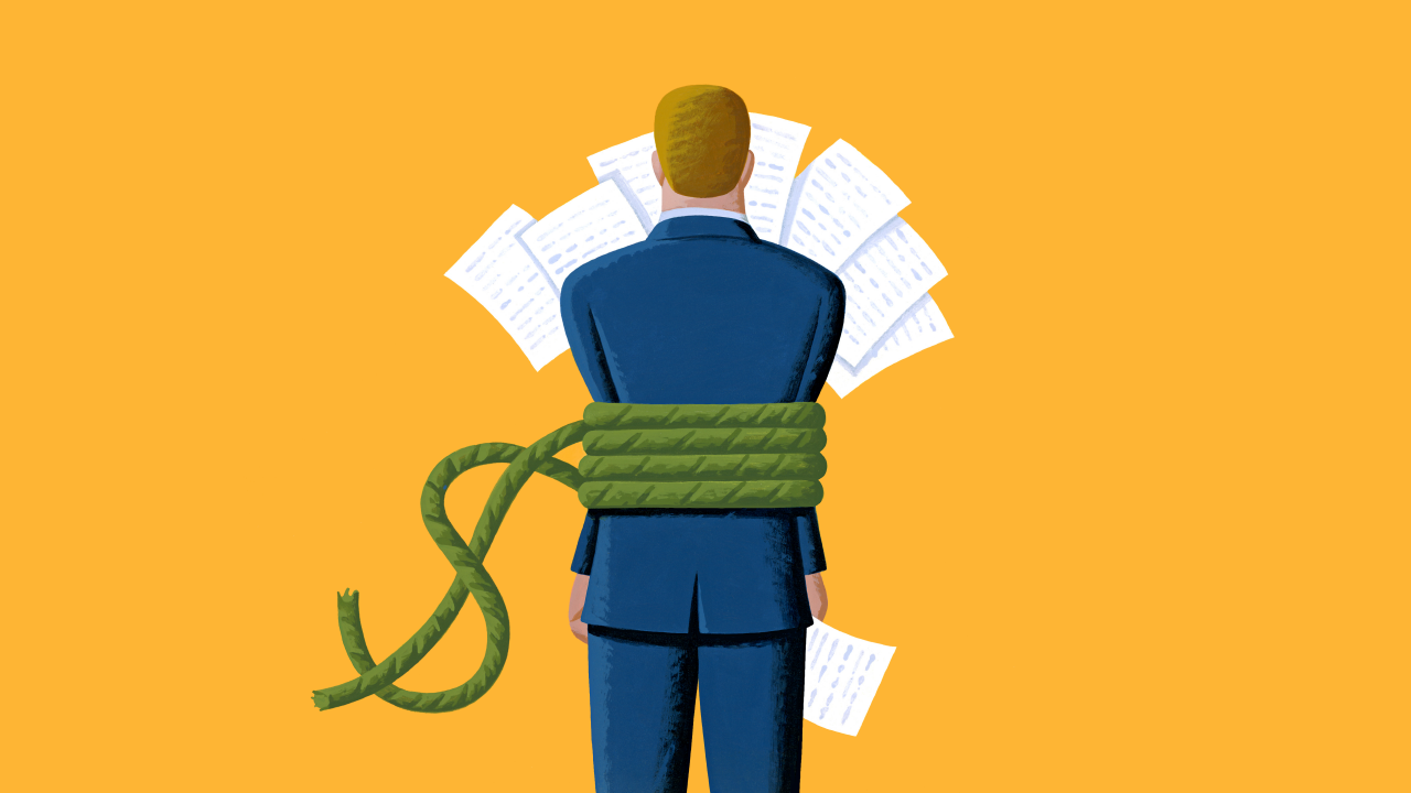 An illustration of a businessman tied up by a rope.