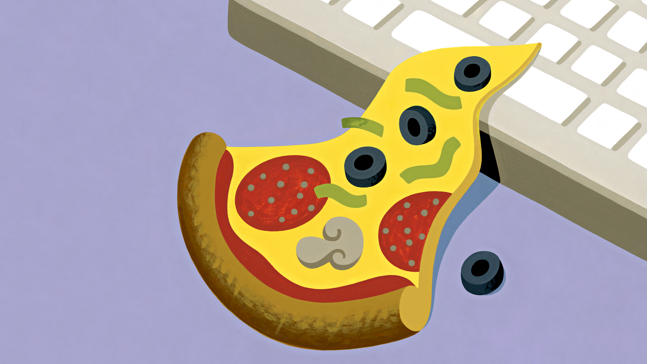 A slice of pizza on a keyboard.