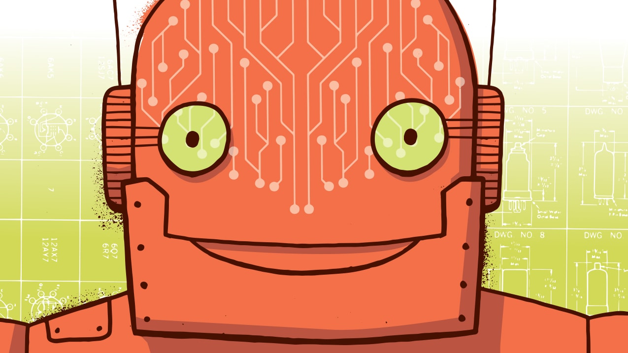 An orange robot with green eyes and a circuit board on his head.