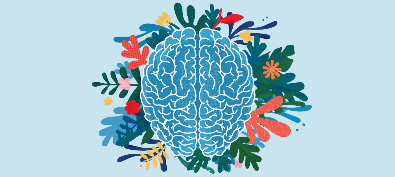 A cartoonish image of a brain surrounded by greenery..